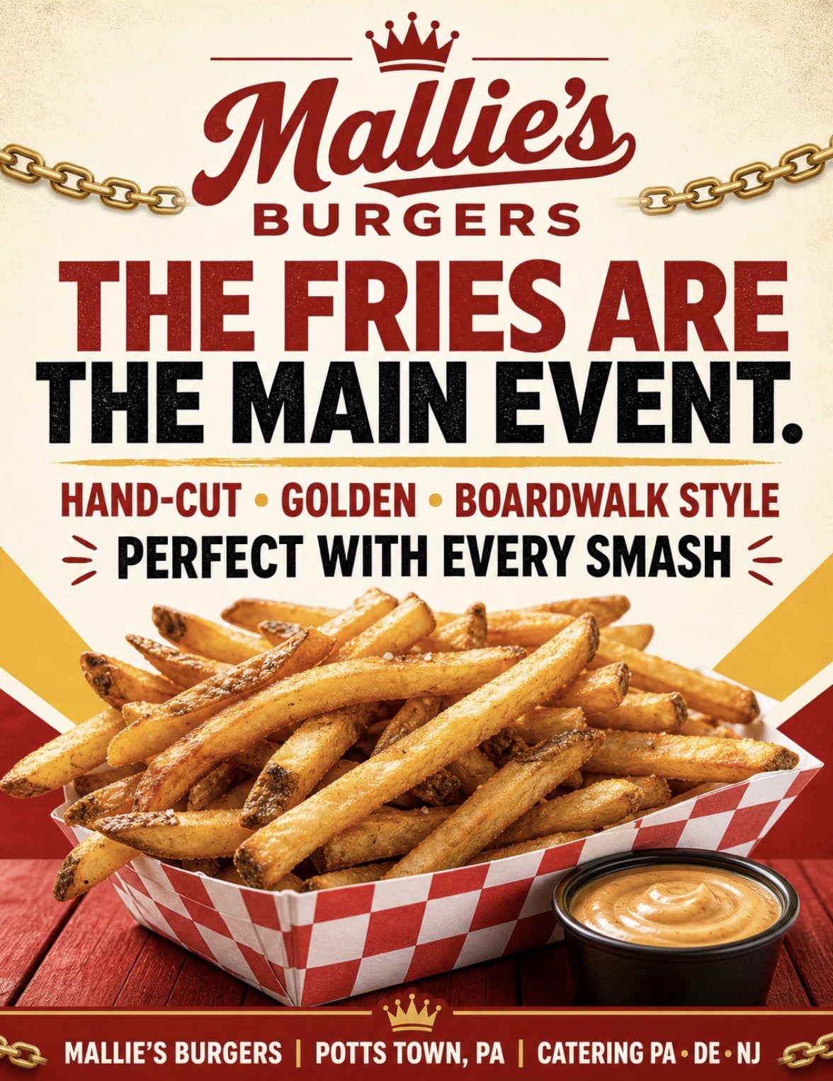 Basket of golden hand-cut boardwalk fries seasoned and served fresh from the food truck