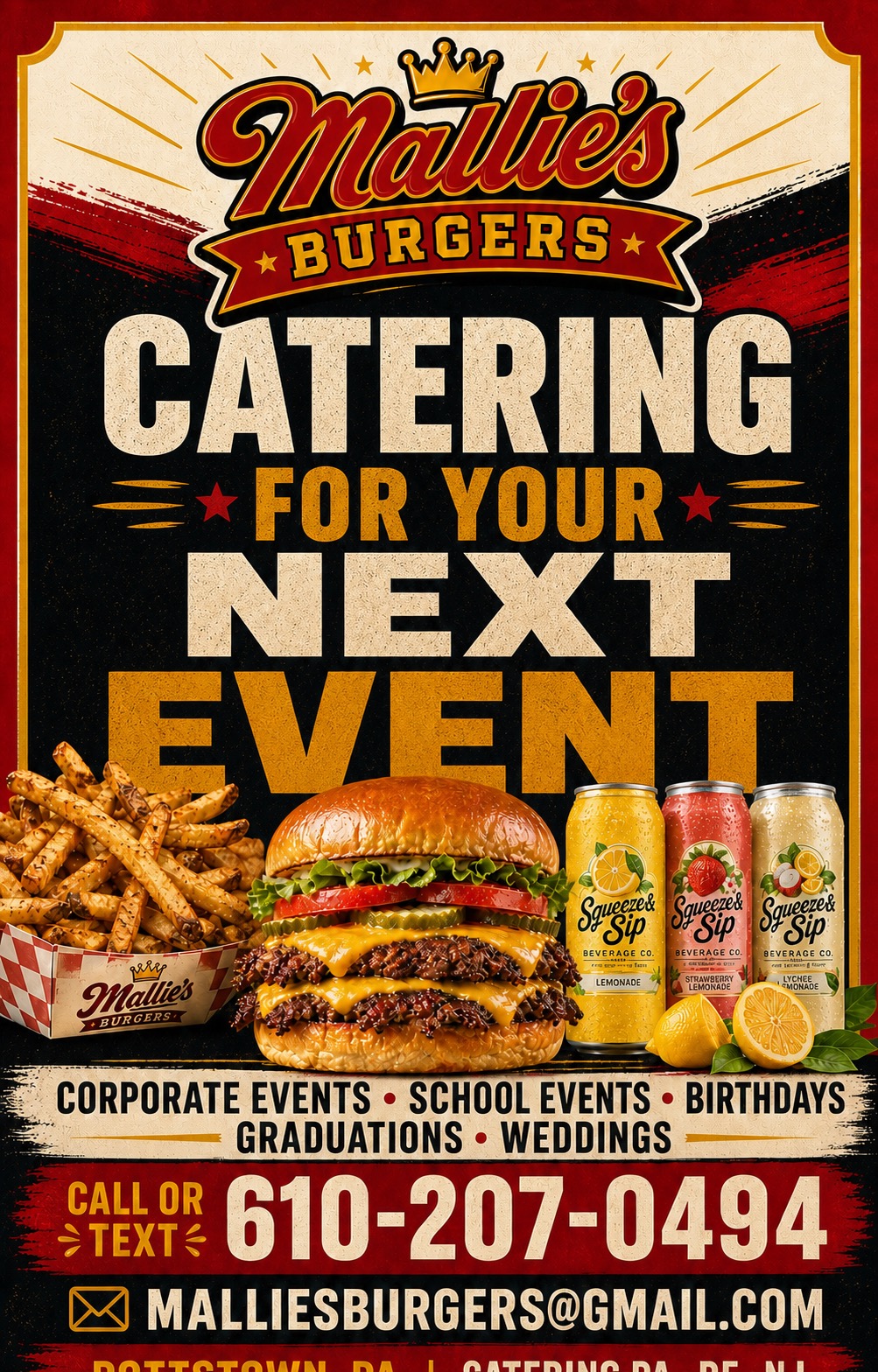 Mallie's Burgers catering flyer listing smashburgers, boardwalk fries, hot dogs and fresh lemonade with booking phone number 610-207-0494