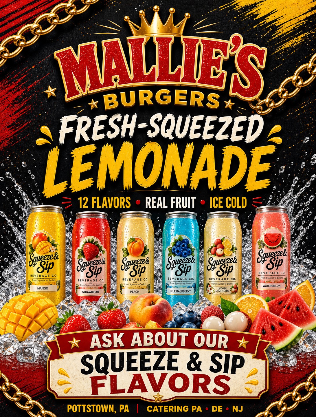 Cups of fresh-squeezed Squeeze & Sip lemonade in assorted real-fruit flavors