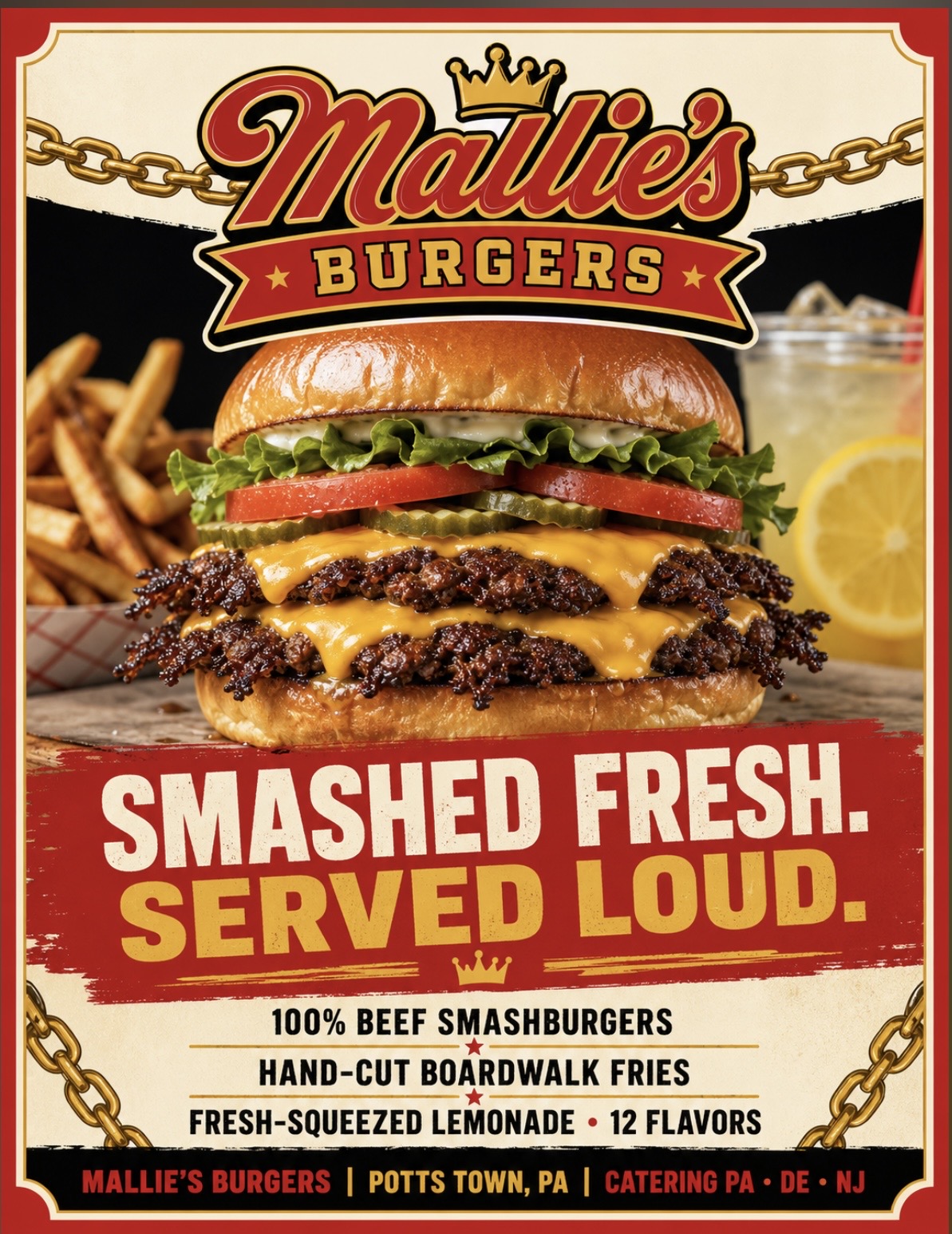 Mallie's Burgers double smashburger with melted American cheese on a toasted potato roll