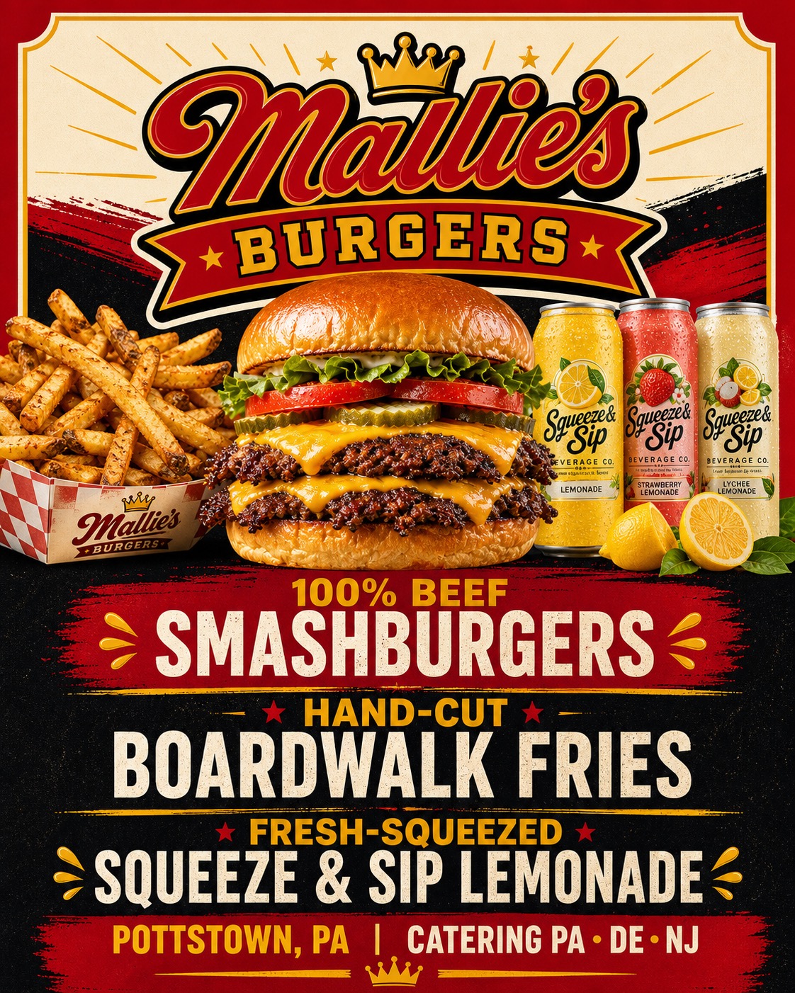 Mallie's Burgers smashburger with fries and Squeeze & Sip lemonades